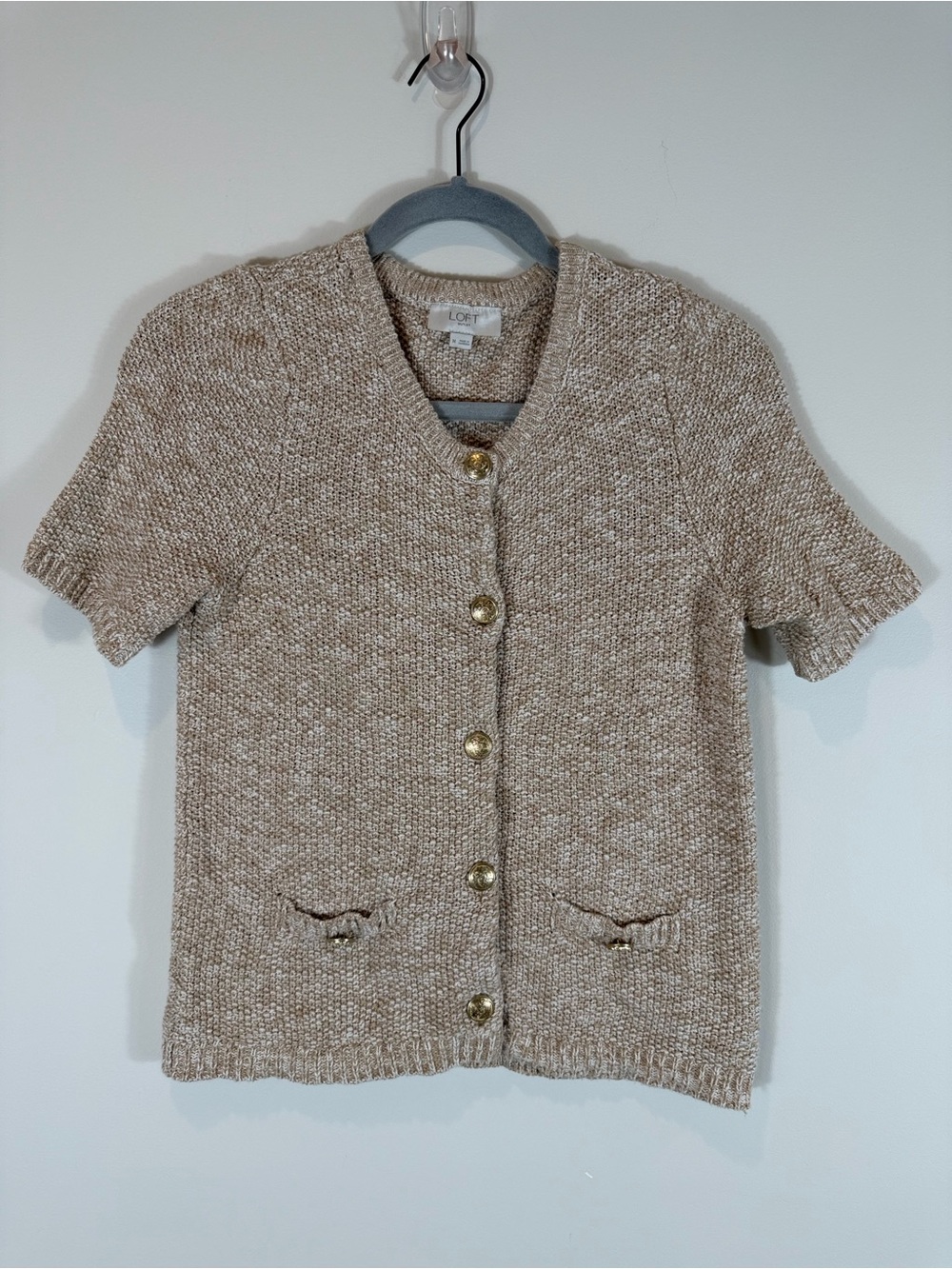 LOFT Beige Short-Sleeve Knit Cardigan with Gold Buttons Size Medium